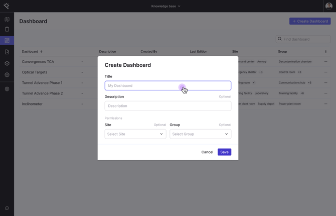 Dashboard create modal